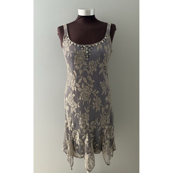 Y2K Lace Midi Dress Sz 6 Gray Gold Metallic Whimsigoth Fairy Grunge Babydoll * - Picture 1 of 16